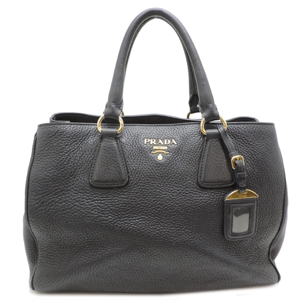 PRADA Tote Bag Strap Handbag Leather Black